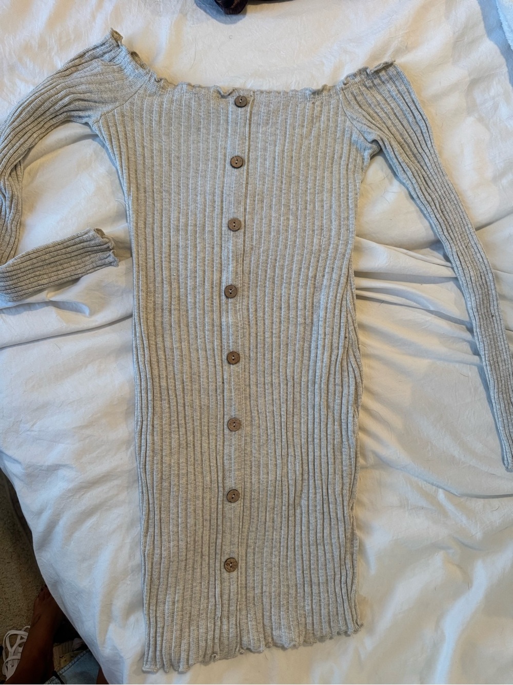 Ribbed Off-Shoulder Button-Front Knit Dress - grey